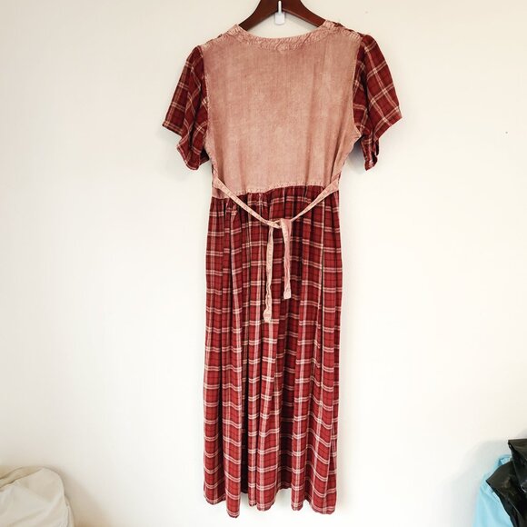 Vtg Embroidered Tie Dye Plaid Empire Waist Short Sleeve Maxi Dress Sz S Boho Y2K - Picture 3 of 16